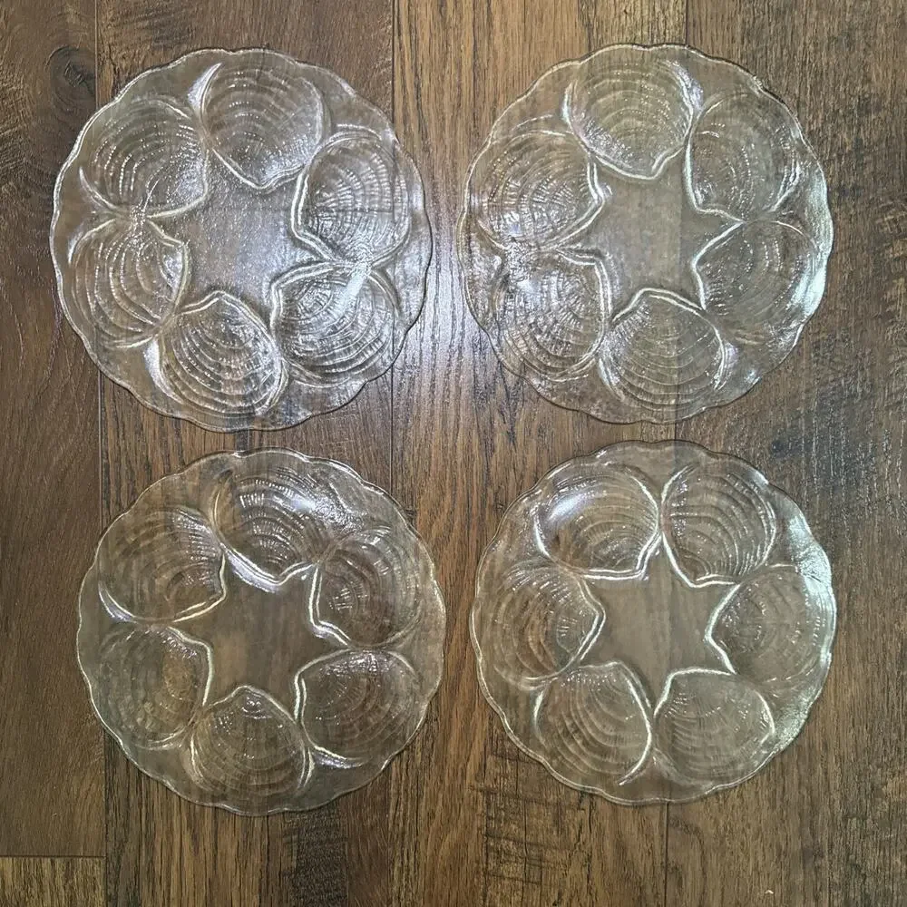 Toscany Clear Glass Oyster Decorative Plate 8” Half Dozen Oyster Motif Set 4 Vtg